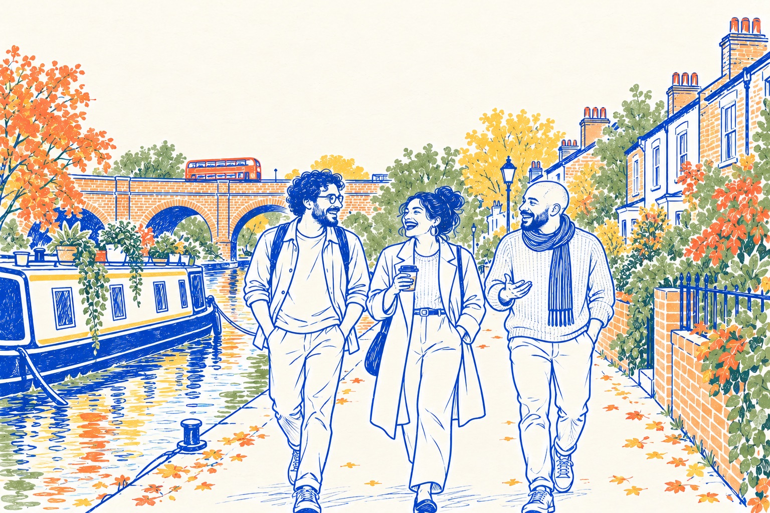 Ink illustration of three adults walking and laughing along a London canal towpath in autumn, a narrowboat moored beside them and a red bus crossing a bridge behind.