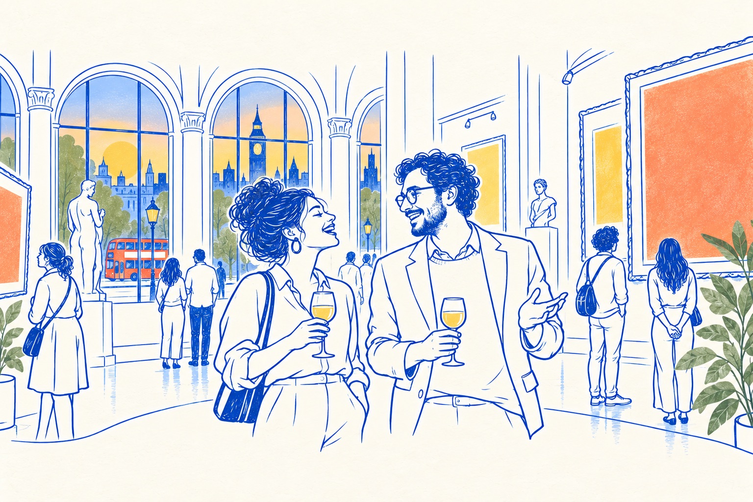 Ink illustration of a woman and a man laughing together with drinks in a high Victorian gallery hall during an evening opening, a red London bus passing outside the arched windows.