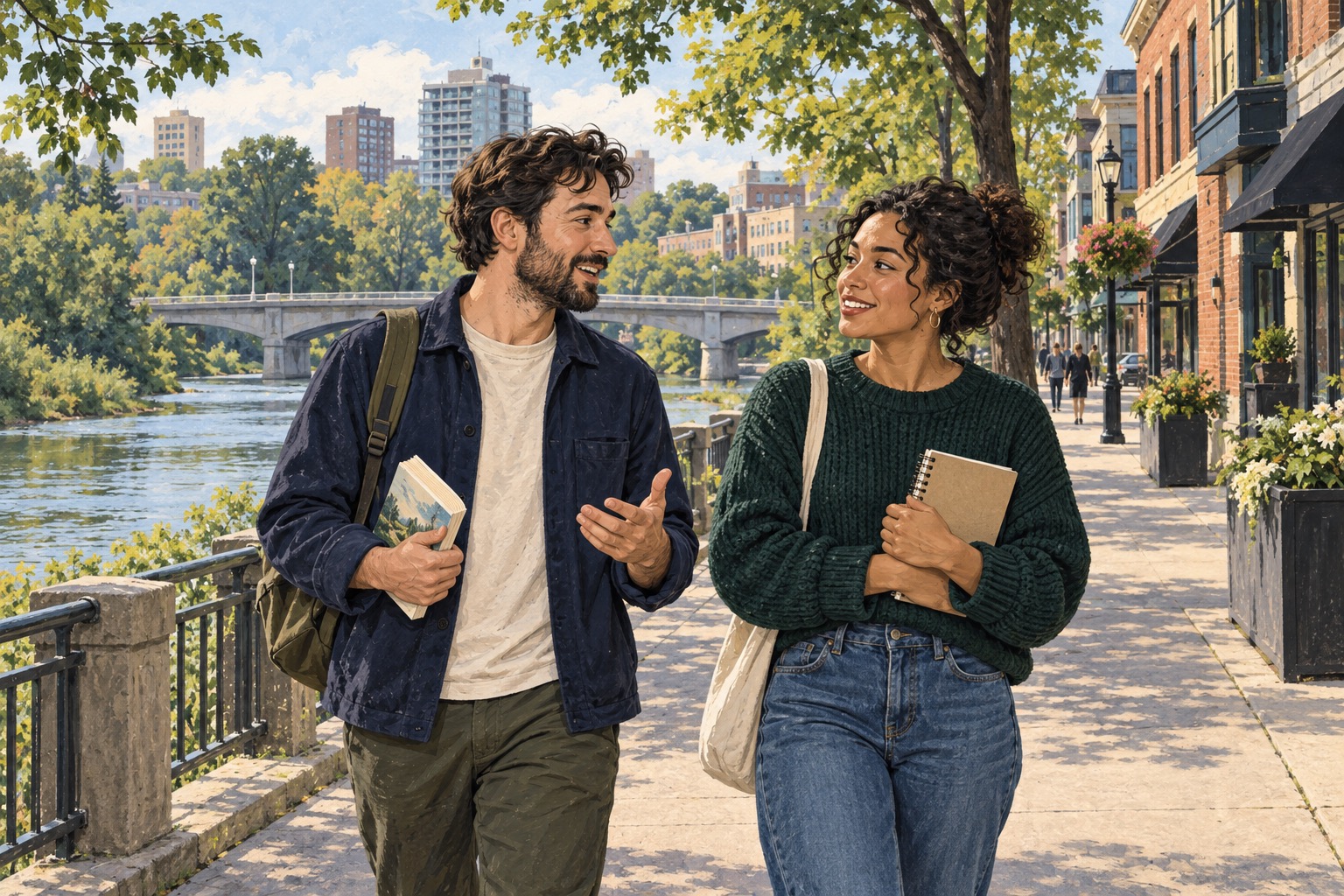 Illustration of two adults talking near the Thames River in a London, Ontario streetscape.