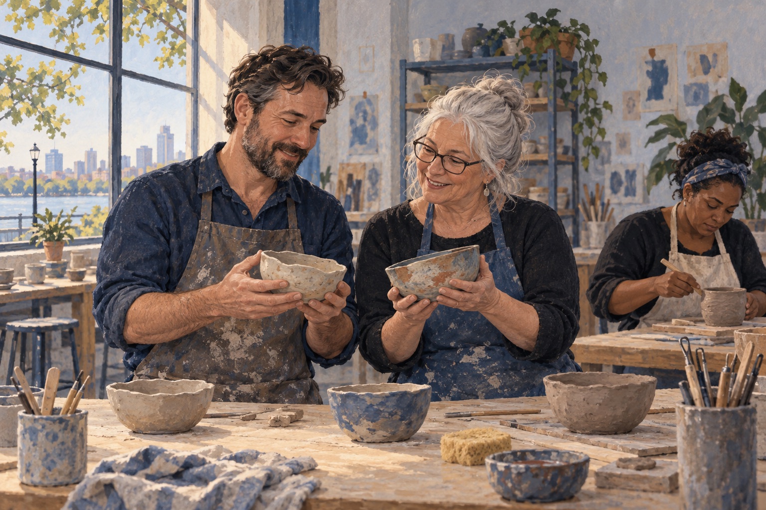 Editorial illustration of adults comparing their clay projects at a Louisville-inspired community arts worktable.
