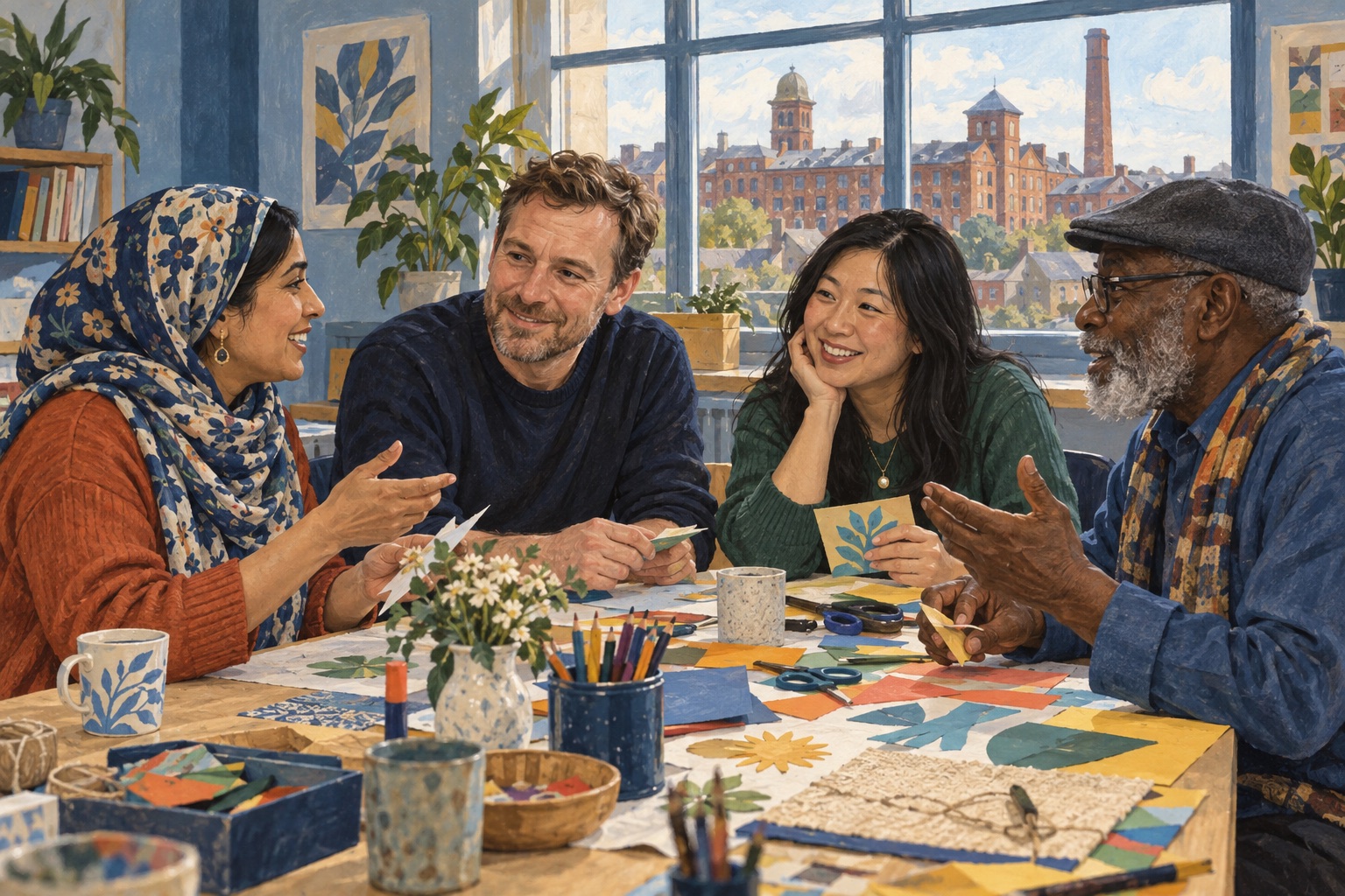 Editorial illustration of adults sharing a craft table with Luton-inspired brick workshop buildings outside.