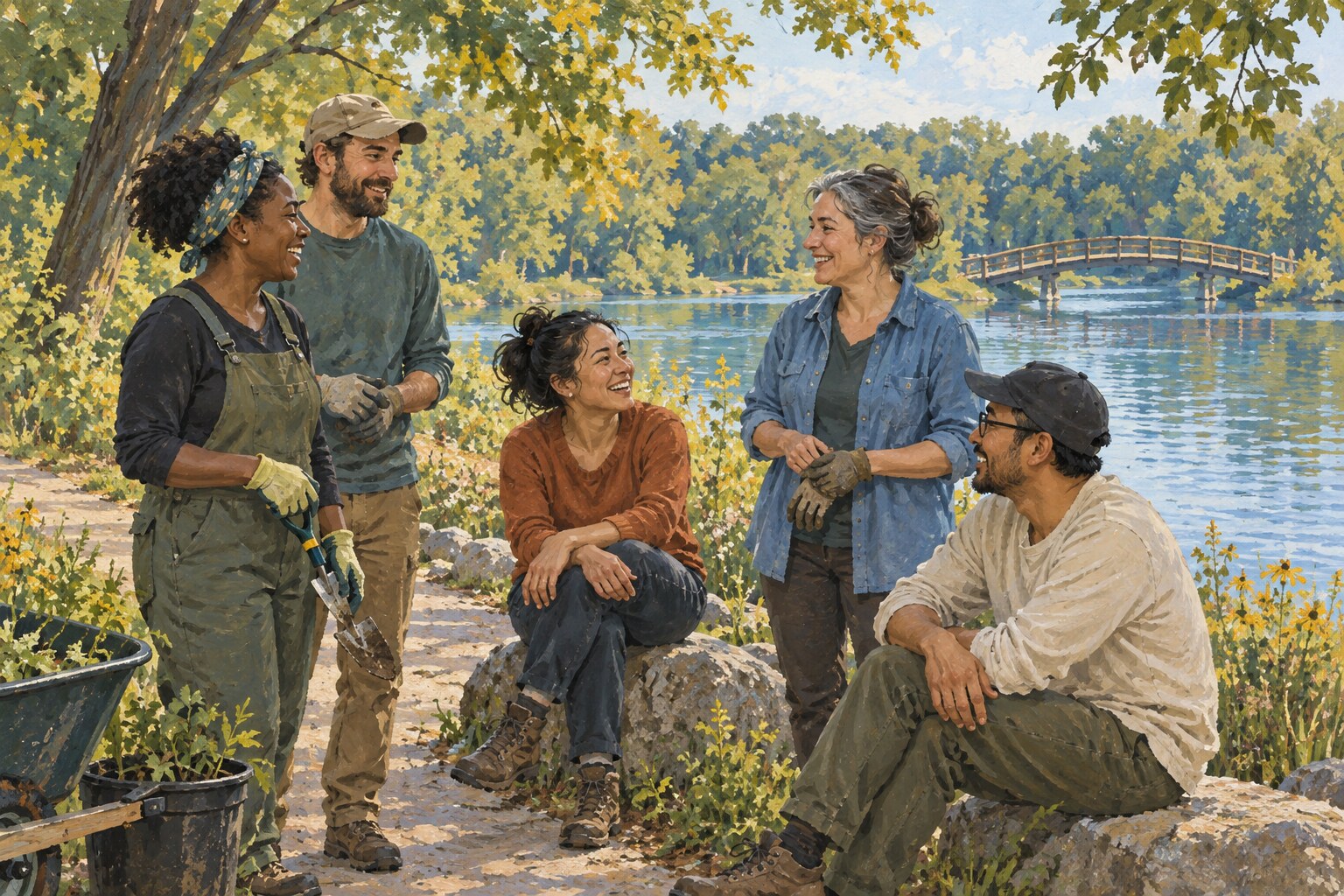 Editorial illustration of adults talking after a volunteer workday in a Madison lakeside park.