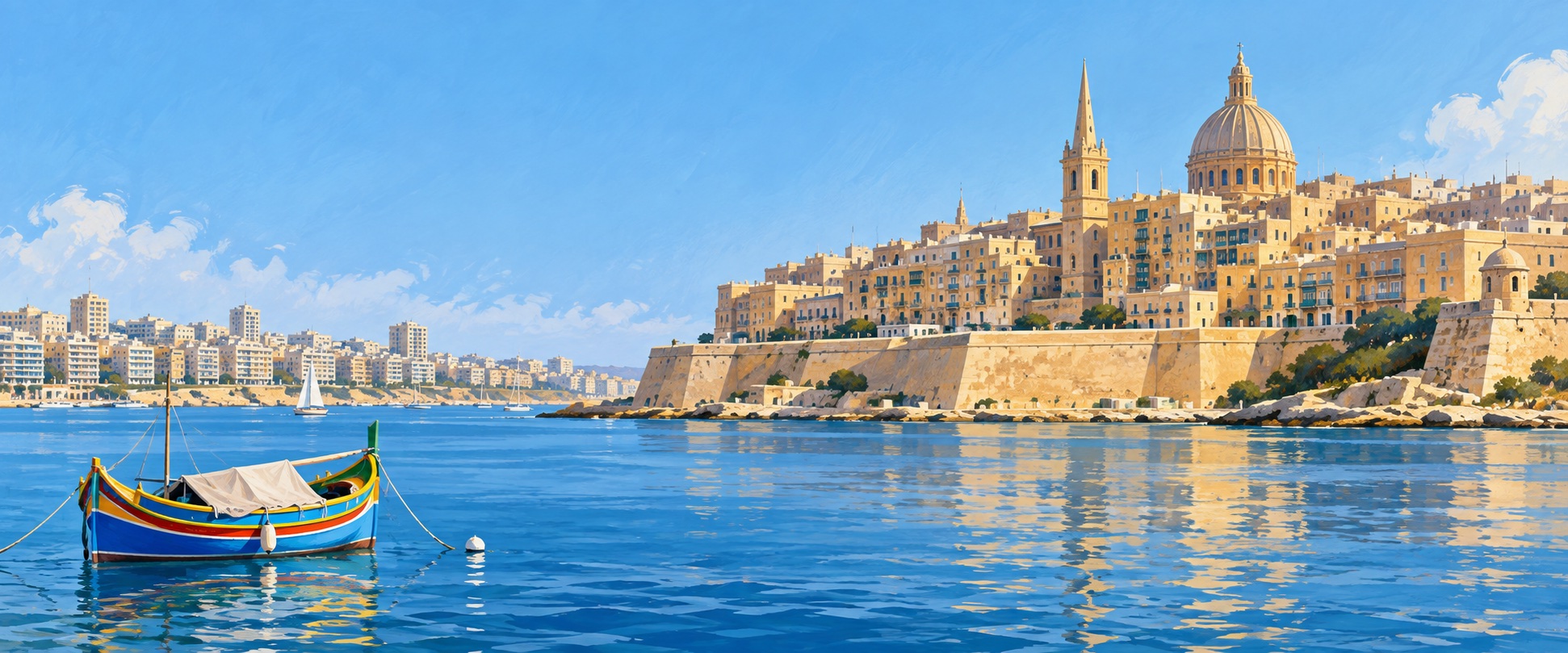 Illustration of a luzzu in the sea before a honey-coloured Maltese harbour waterfront.