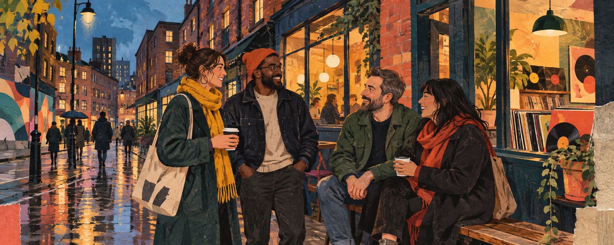 Editorial illustration of friends chatting beside red-brick cafés and a record shop in a Manchester-inspired street.