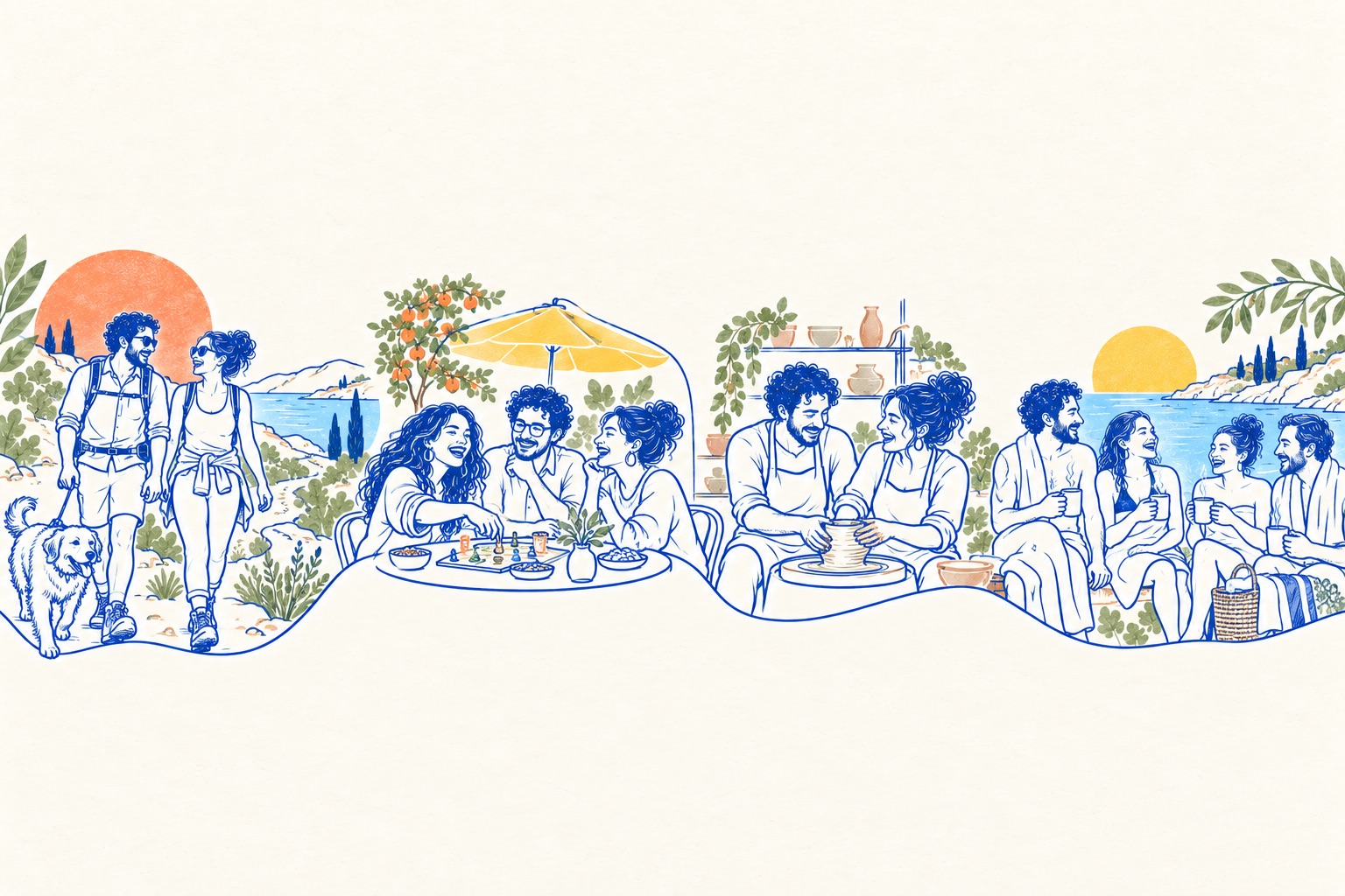 Ink illustration joined by one continuous line: two friends on a hill walk with a dog, three people laughing over a board game, two people at a pottery wheel, and a group in towels holding mugs after a swim.