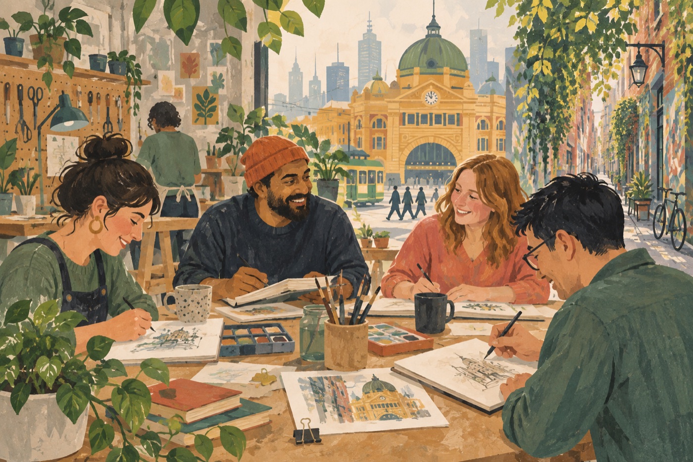 Editorial illustration of adults sharing a community activity in Melbourne; it does not depict a real group, venue or event.