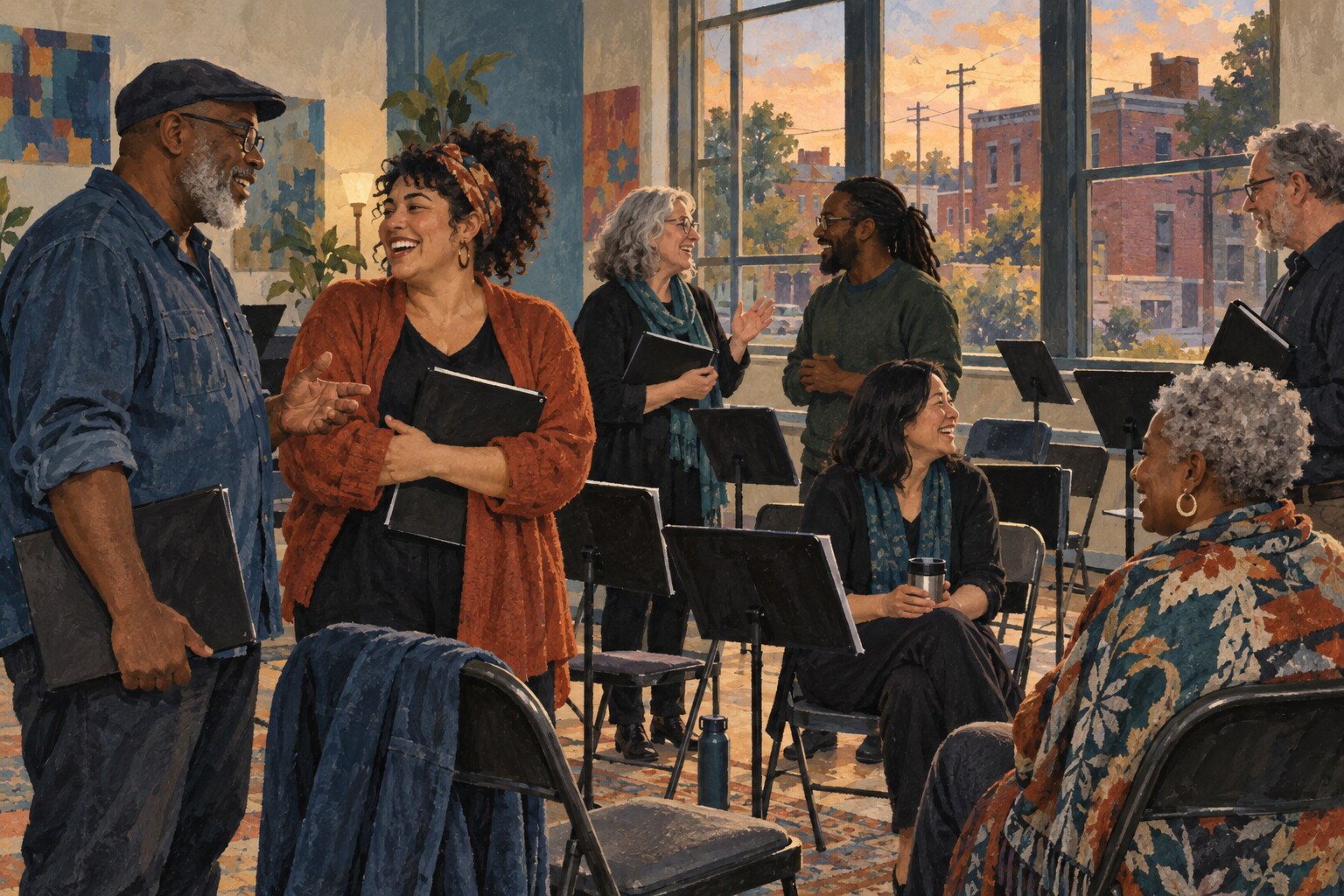 Editorial illustration of adults talking after a community choir rehearsal in Memphis.