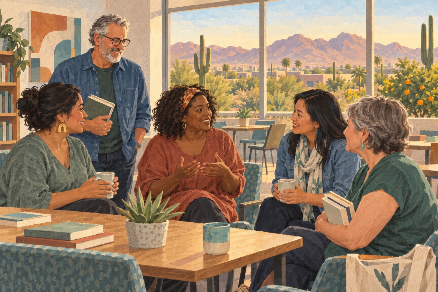 Illustration of adults sharing a conversation around a table in Mesa with desert mountains outside.