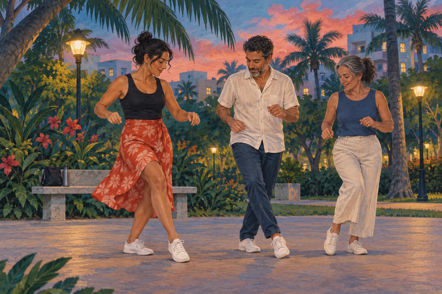 Editorial illustration of adults learning a simple dance step in a Miami-inspired park at dusk.