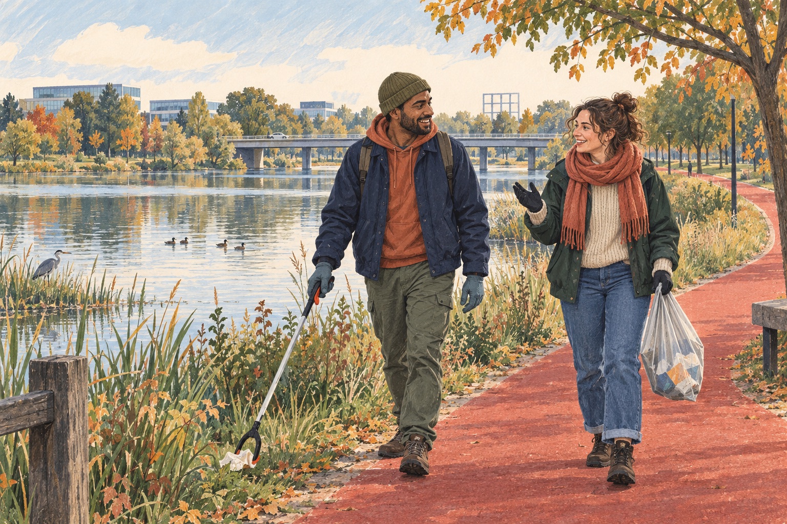Editorial illustration of adults volunteering beside a lake and redway in a Milton Keynes-inspired green space.