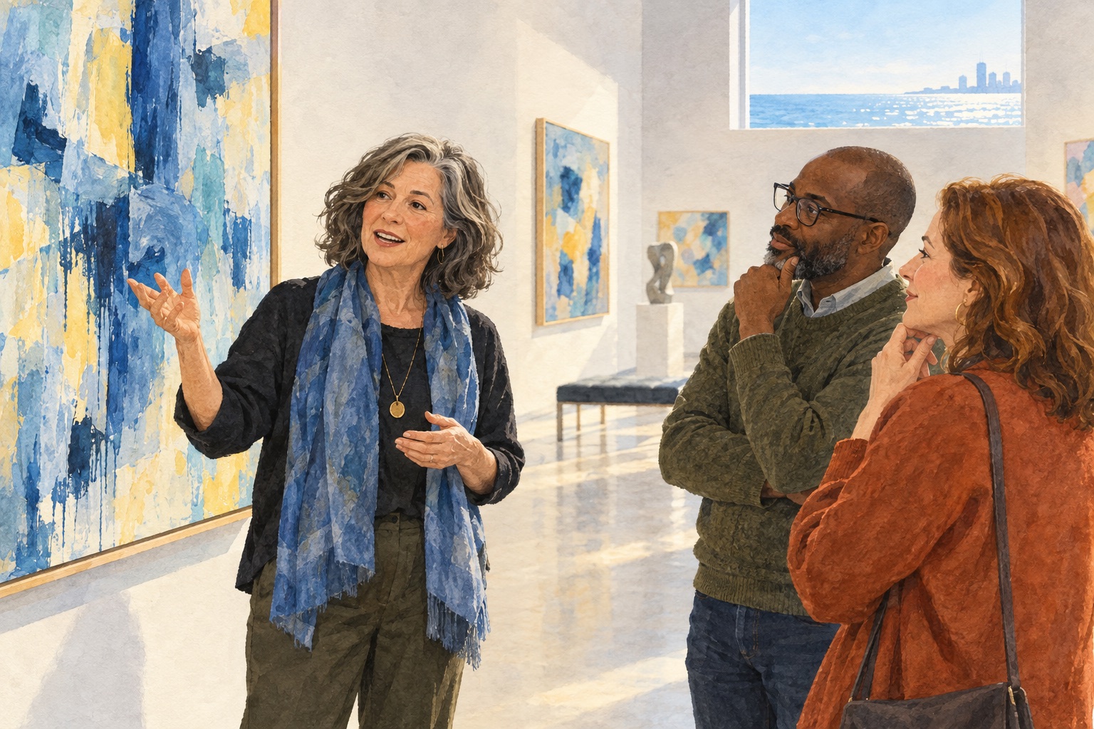 Editorial illustration of adults discussing a painting in a fictional Milwaukee-inspired gallery.