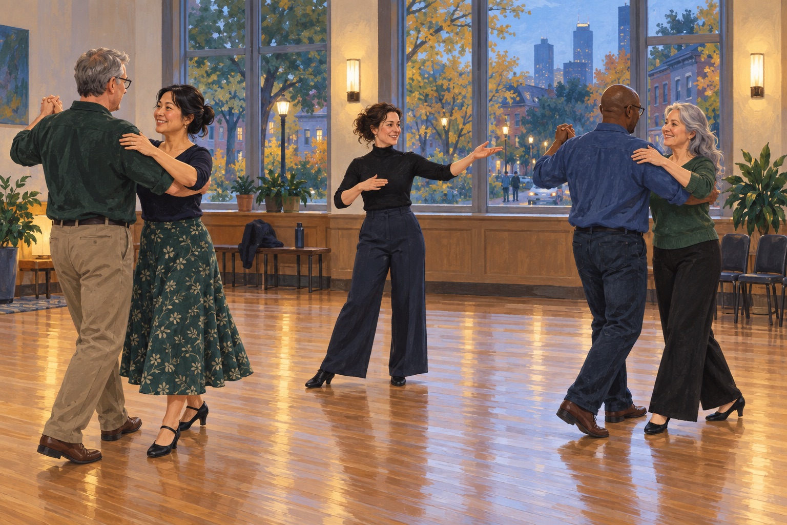 Editorial illustration of adults learning a social dance in a Minneapolis-inspired community hall.