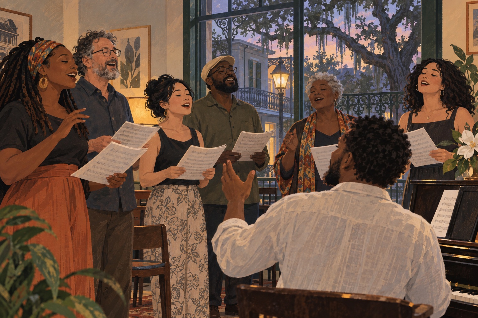 Editorial illustration of a diverse group of adults singing together at a Nashville community-music rehearsal.
