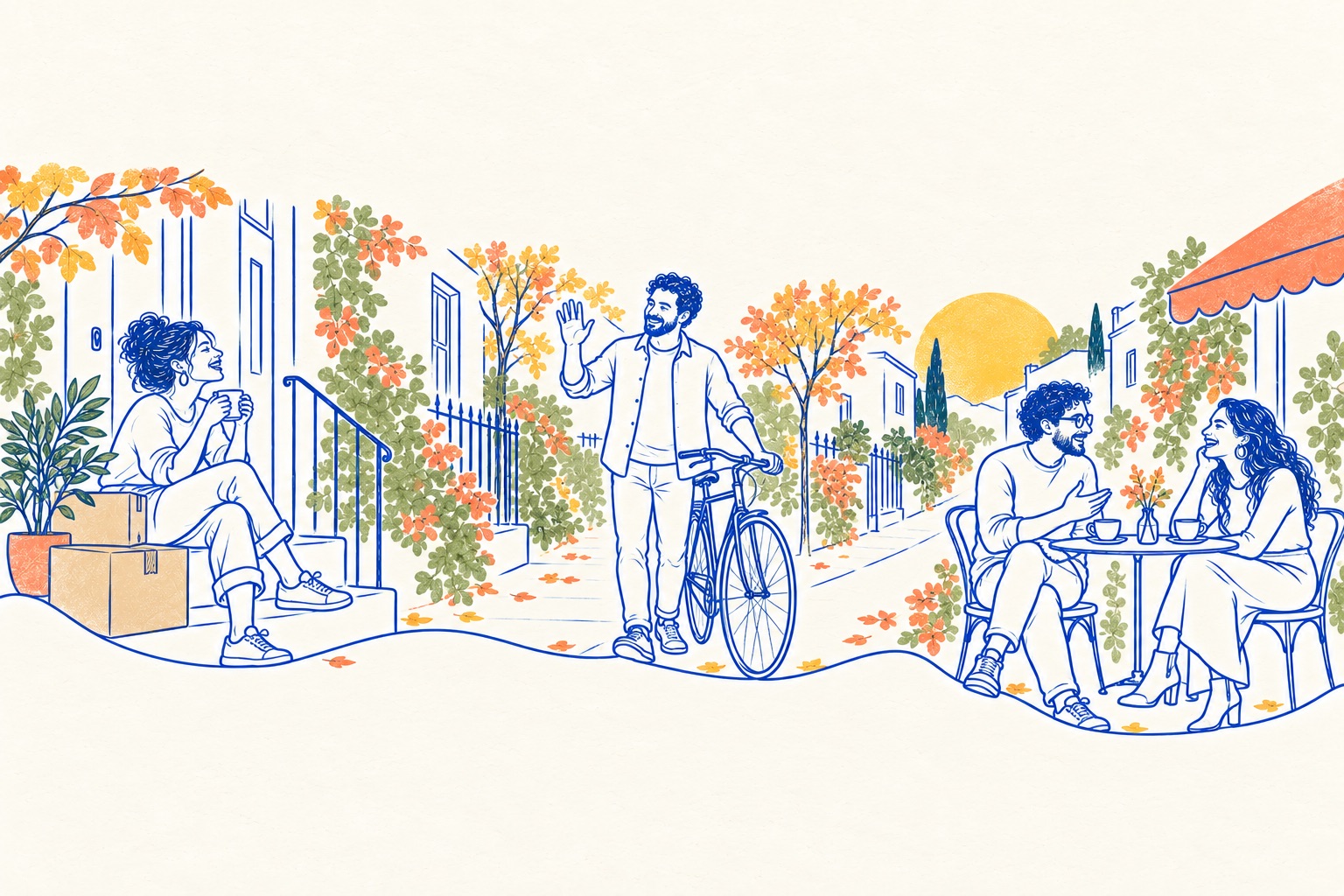 Ink illustration of a woman sitting on the front step of a new home beside moving boxes, a neighbour with a bicycle waving to her, and two people talking at a corner cafe table.