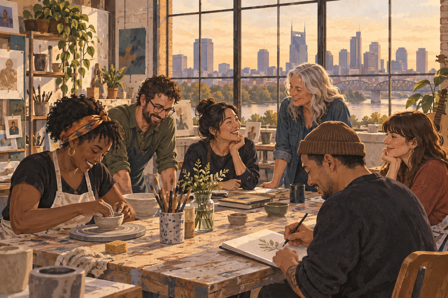 Editorial illustration of adults sharing ideas around an art table in a New Orleans studio.