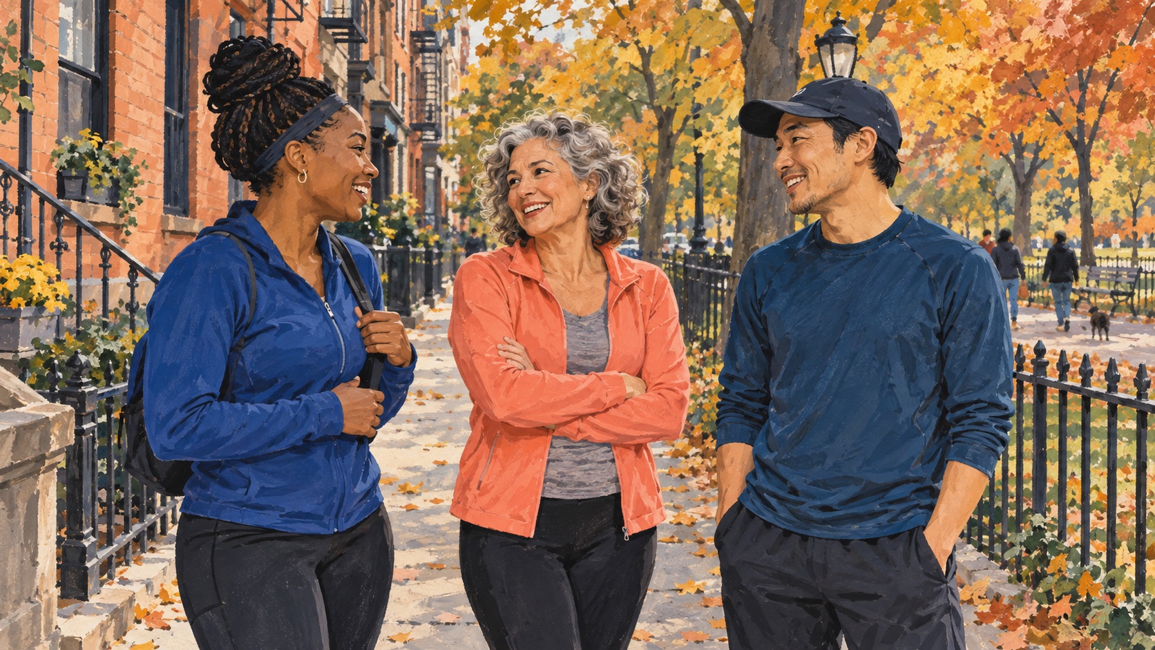 Editorial illustration of three adults chatting beside a New York-inspired neighborhood park in autumn.