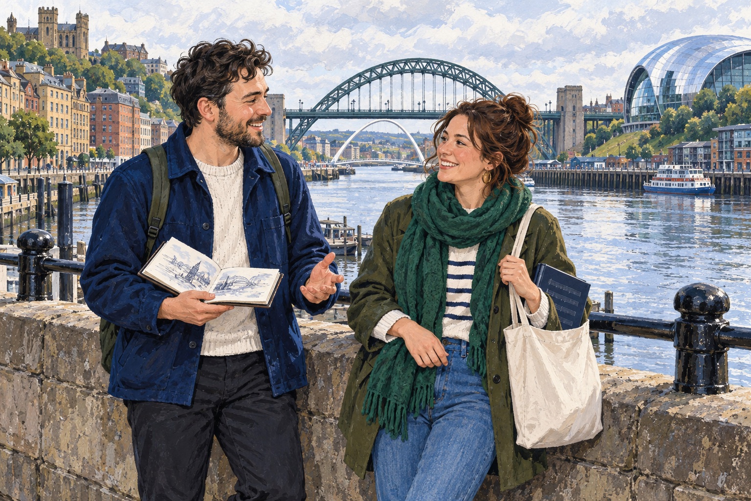 Editorial illustration of two adults chatting beside the River Tyne with a bridge in the background.