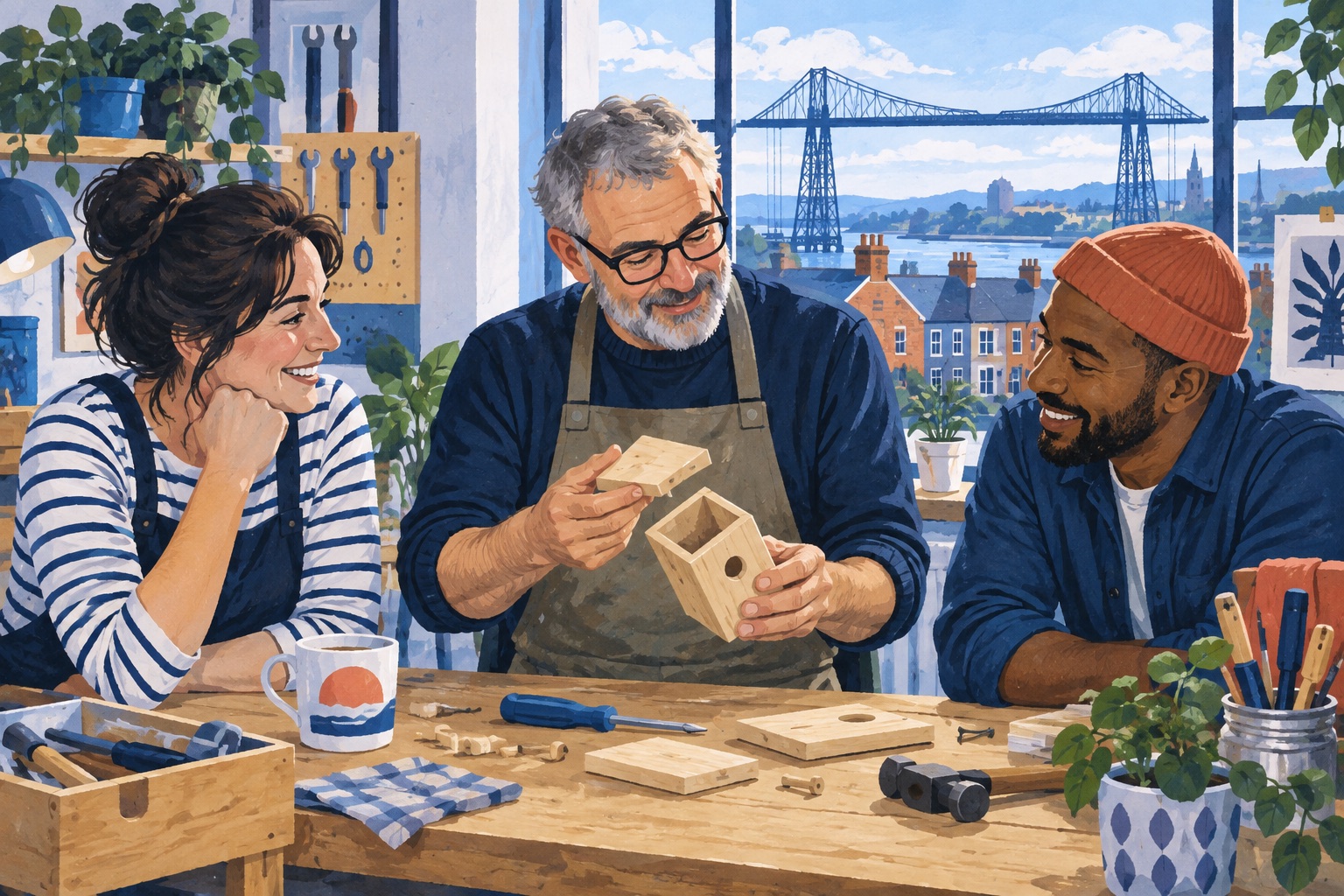 Editorial illustration of adults sharing repair skills at a workbench with a Newport-inspired transporter bridge outside.