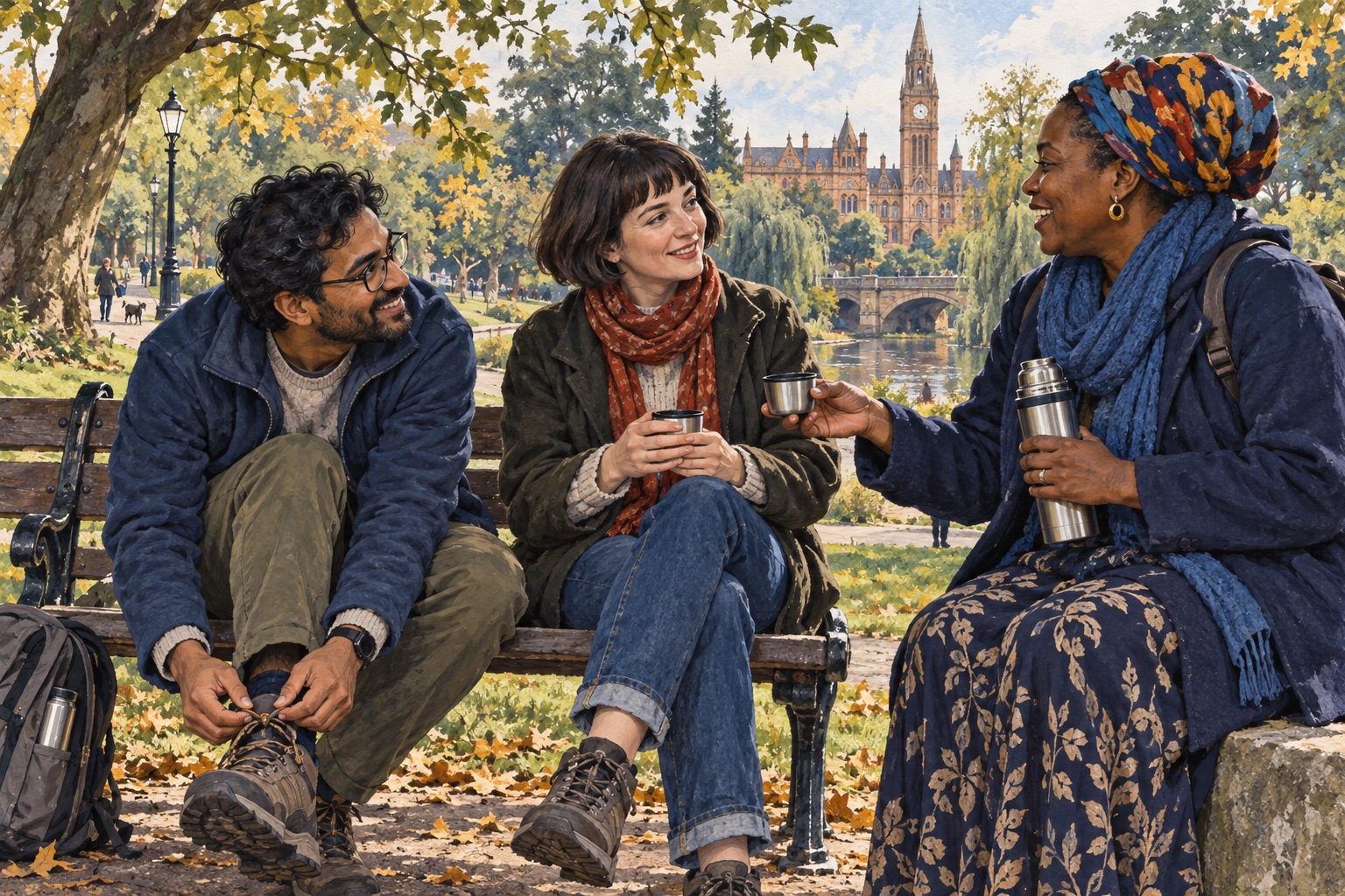Editorial illustration of adults sharing tea and conversation after a walk in a Northampton-inspired park.