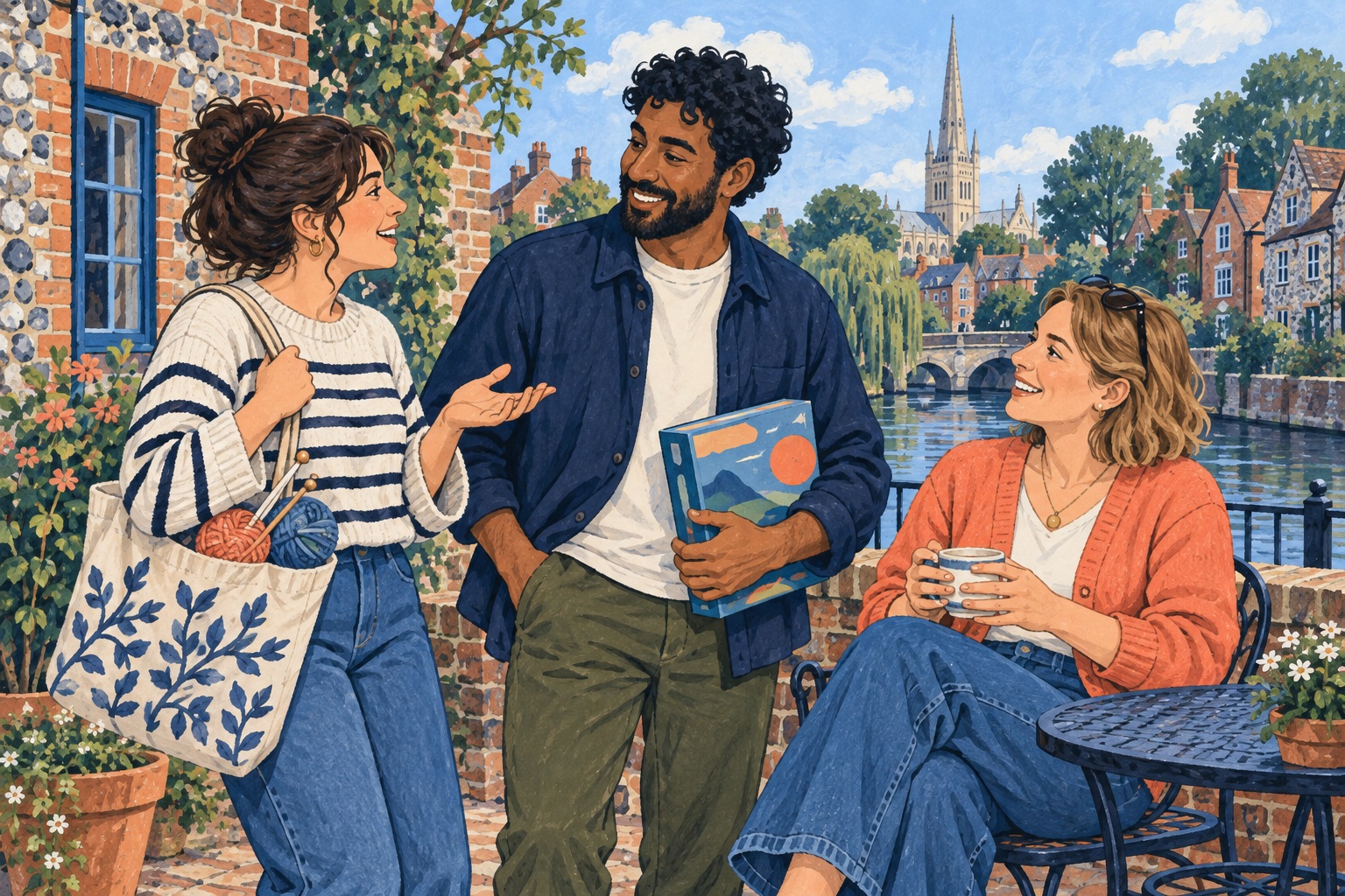 Editorial illustration of adults chatting with a craft tote and game box in a Norwich-inspired riverside courtyard.