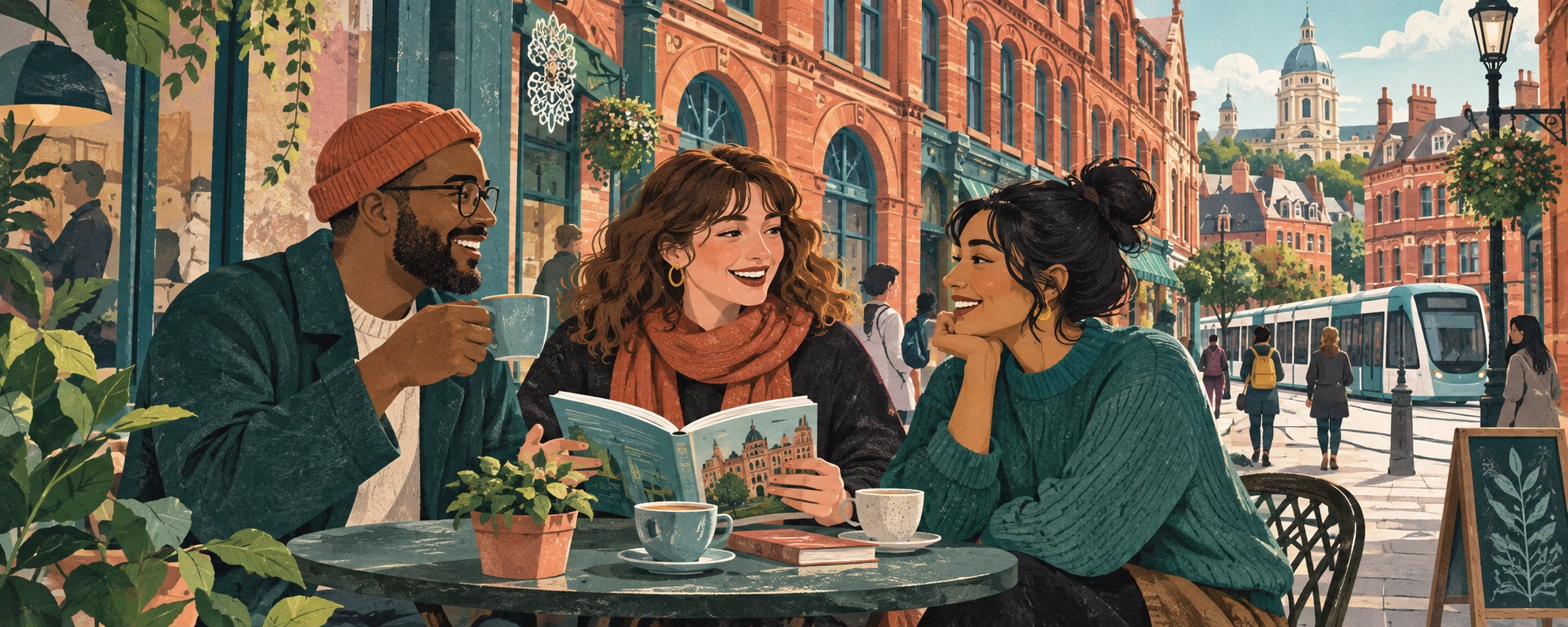 Editorial illustration of friends sharing a book at a café table on a Nottingham-inspired street.