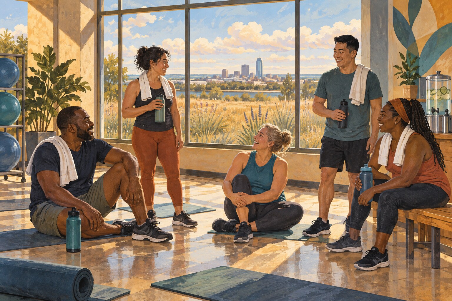 Editorial illustration of adults chatting after a group fitness class in Oklahoma City.