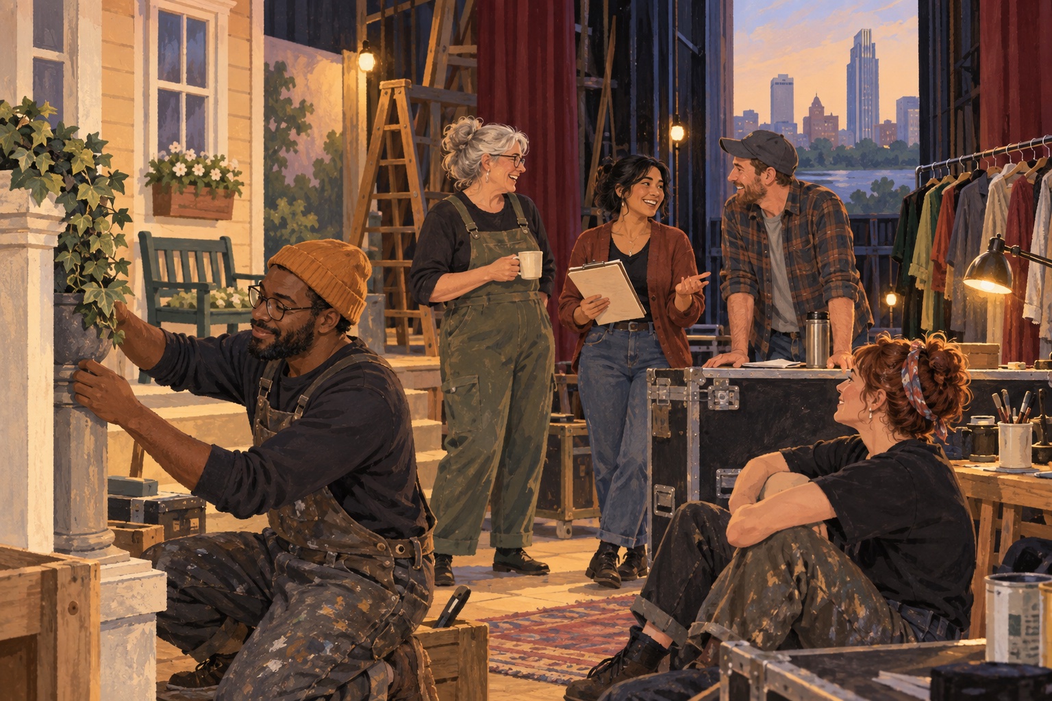 Editorial illustration of adults working together backstage on a small Omaha community theatre set under warm stage lights.