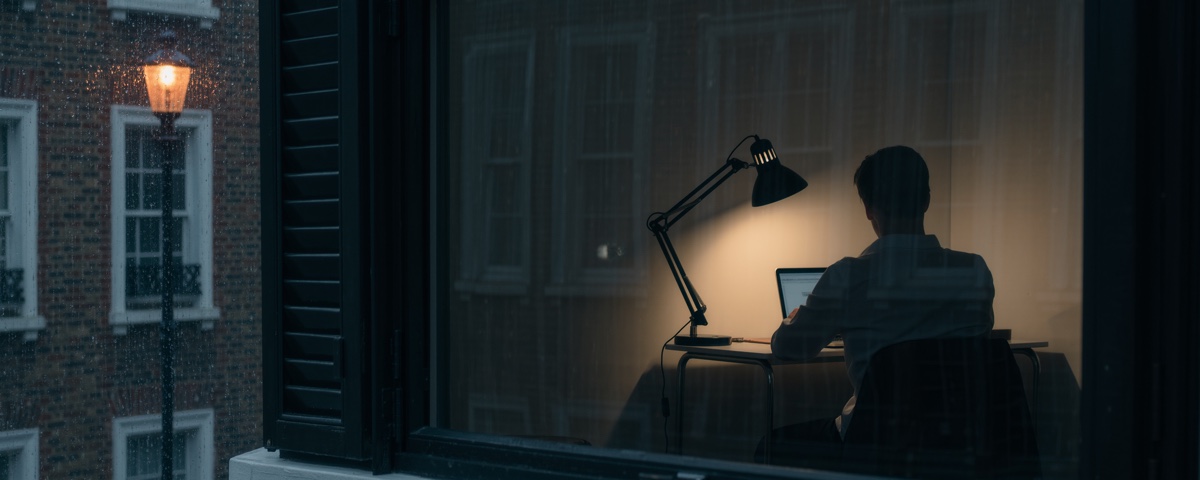 Seen from the wet street outside, one person sits alone at a lamplit desk in the window of a London flat at night, turned away, a Victorian brick terrace and a street lamp in the foreground.