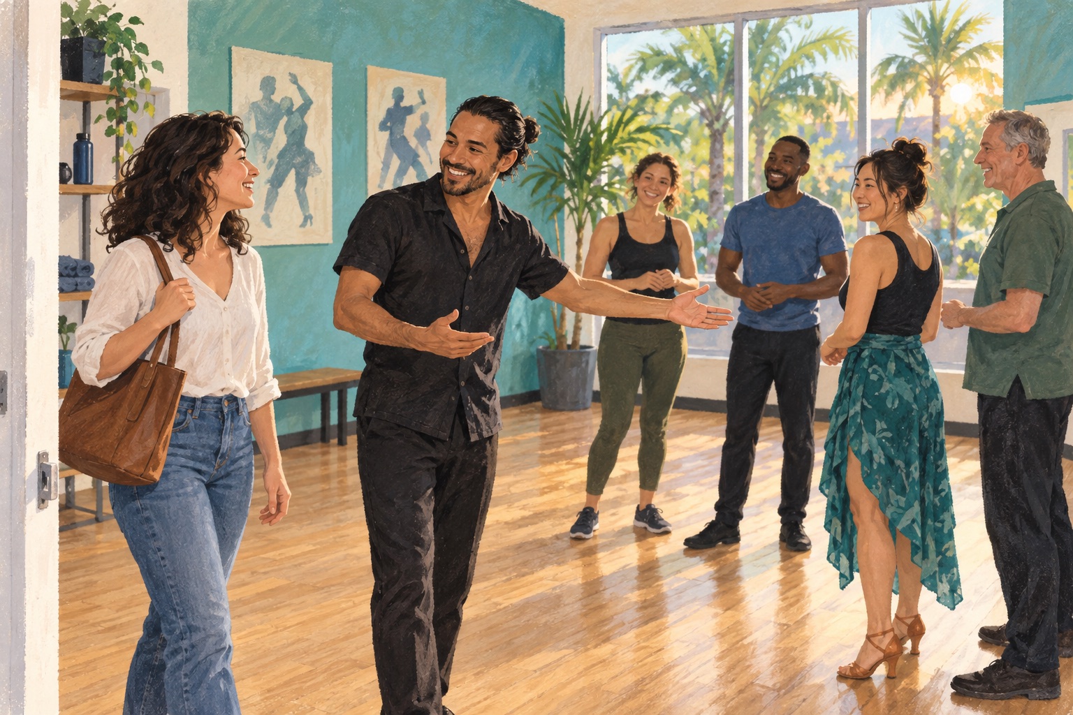 Editorial illustration of adults meeting at a beginner dance lesson in an Orlando-inspired studio.