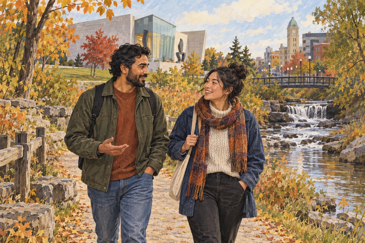 Illustration of two adults talking beside Oshawa Creek in autumn, with a civic gallery building in the background.
