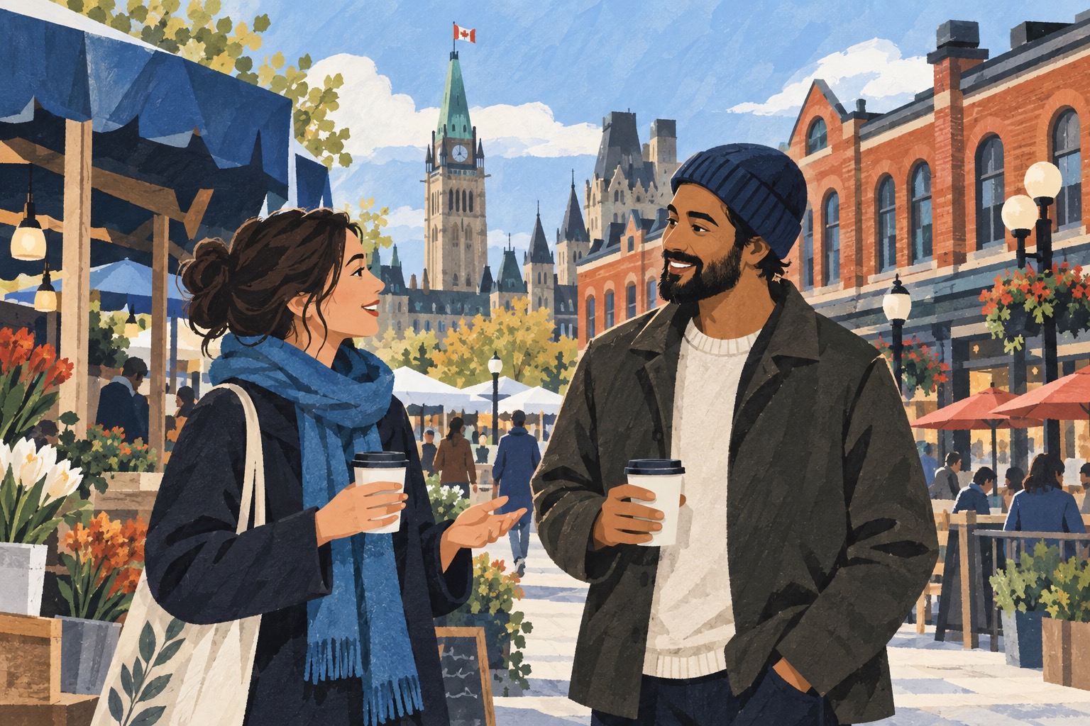 Illustration of two neighbours talking in Ottawa’s ByWard Market with the Peace Tower behind them.