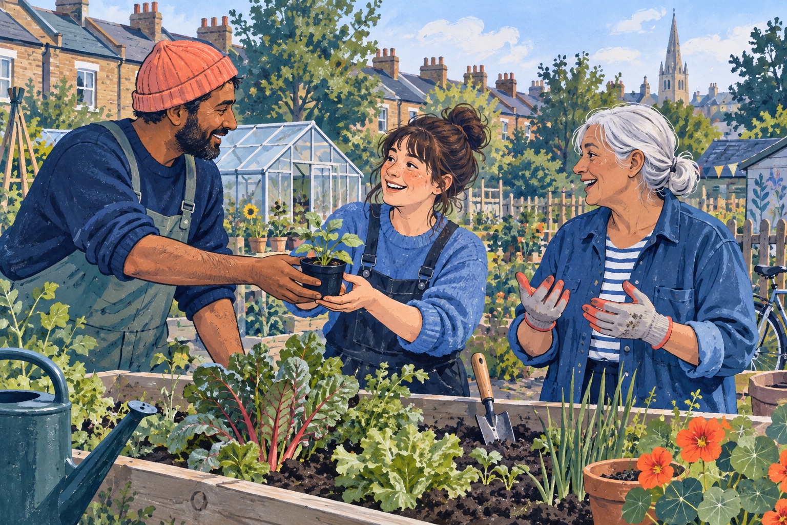 Editorial illustration of adults sharing plants and conversation in an Oxford-inspired community garden.
