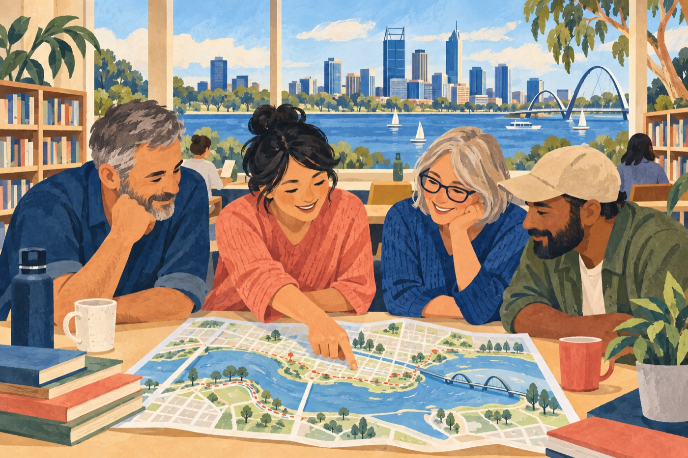 Editorial illustration of adults sharing a community activity in Perth; it does not depict a real group, venue or event.