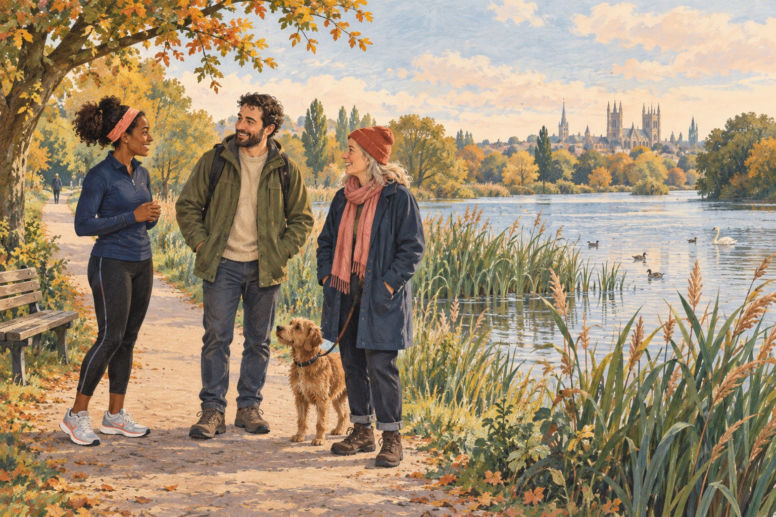 Editorial illustration of adults enjoying a sociable outdoor run and walk in a Peterborough-inspired park.