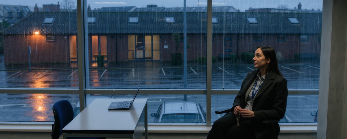 A woman in work clothes sitting on the edge of a desk chair with her coat already on, in a bare borrowed office looking out at an almost empty wet business park car park at dusk.