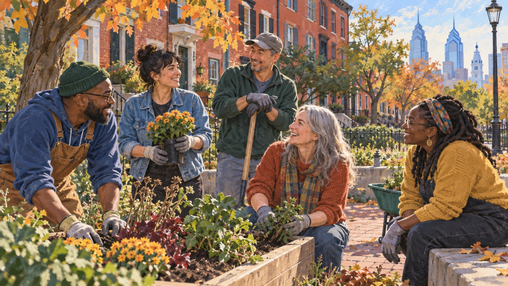 Editorial illustration of adults tending planters together in a Philadelphia-inspired neighborhood park.