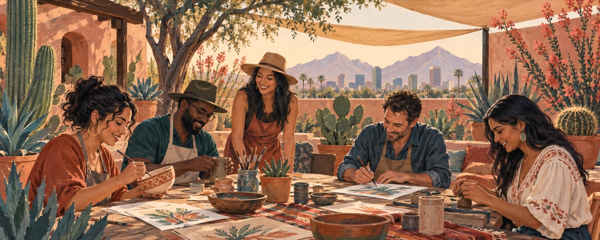 Editorial illustration of adults working together at a creative Phoenix courtyard activity, with desert plants and a distant city view.