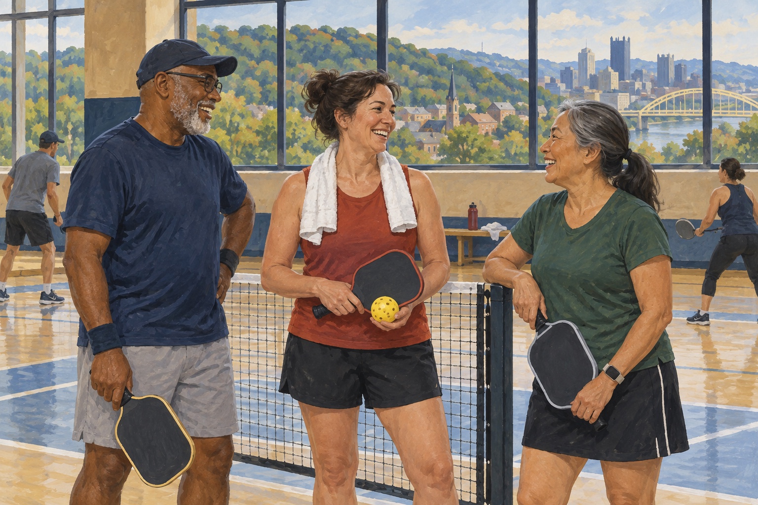 Editorial illustration of adults chatting during a community-center pickleball session in Pittsburgh.