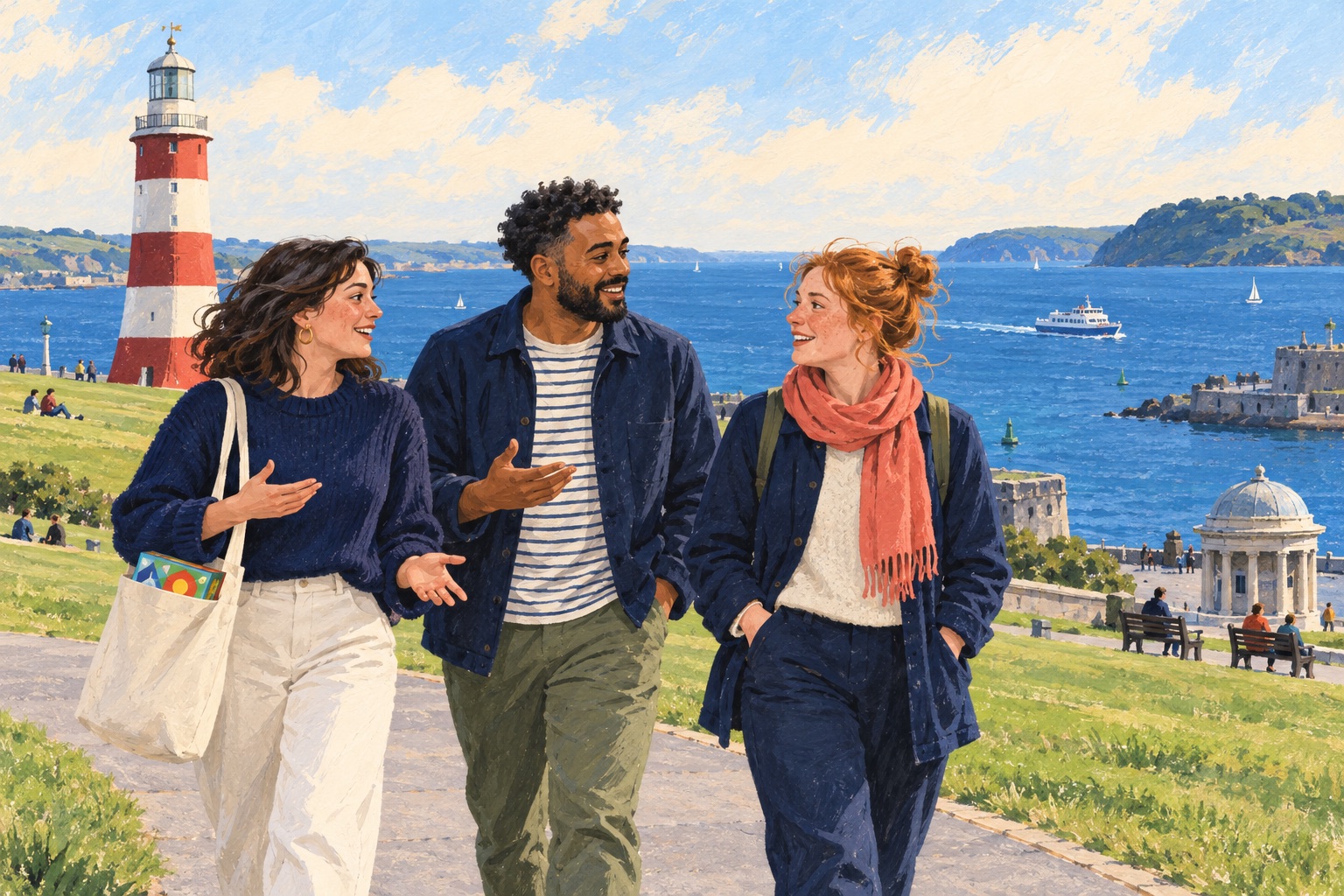 Editorial illustration of three adults chatting on Plymouth Hoe with Smeaton's Tower and the Sound behind them.