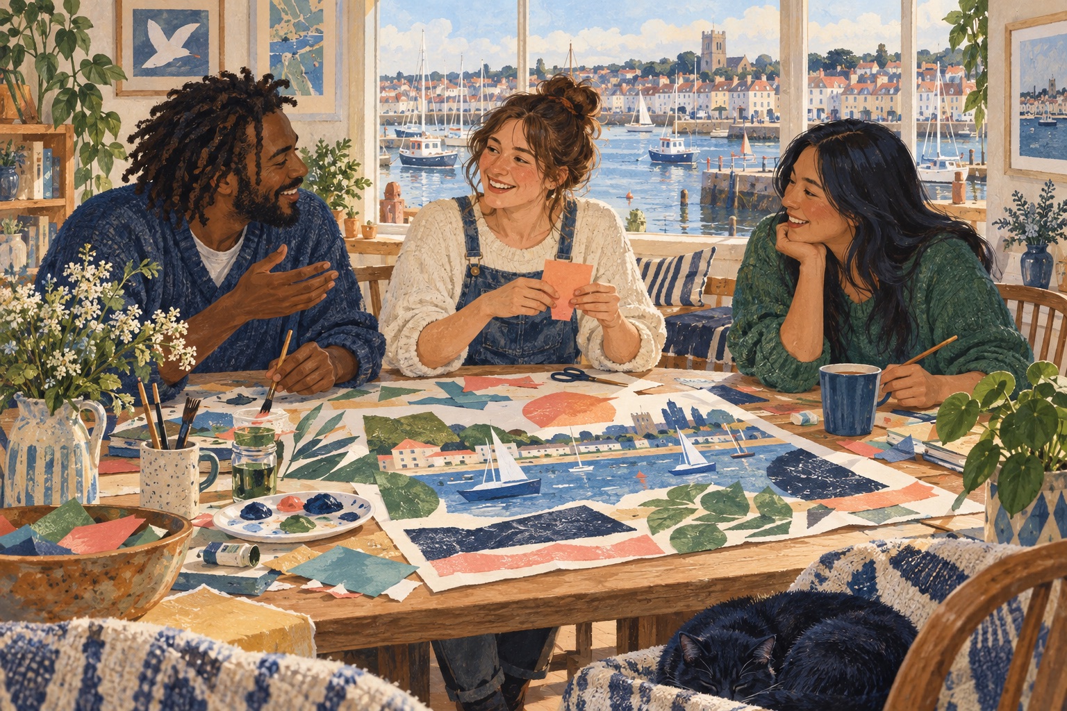 Editorial illustration of adults painting and chatting in a Poole-inspired studio with a harbour view.