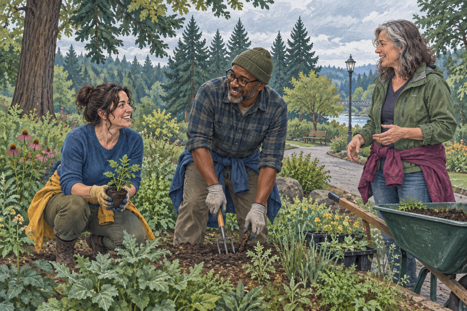 Editorial illustration of fictional adults talking while tending a Portland-inspired park garden.