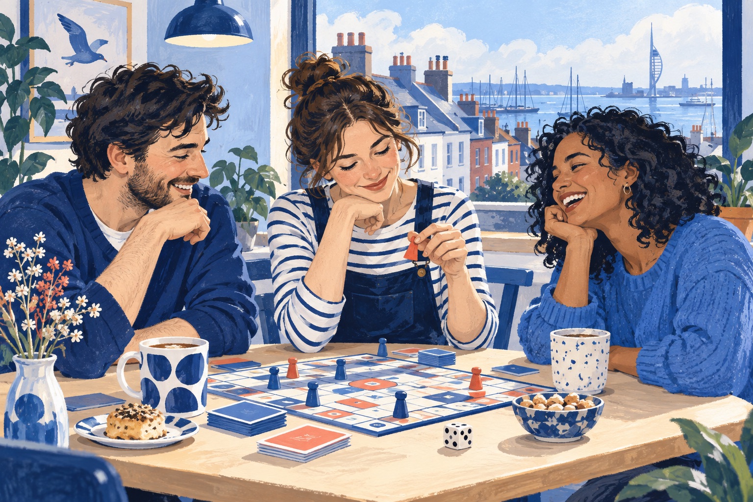 Editorial illustration of adults playing a board game beside a window overlooking a Portsmouth-inspired harbour.
