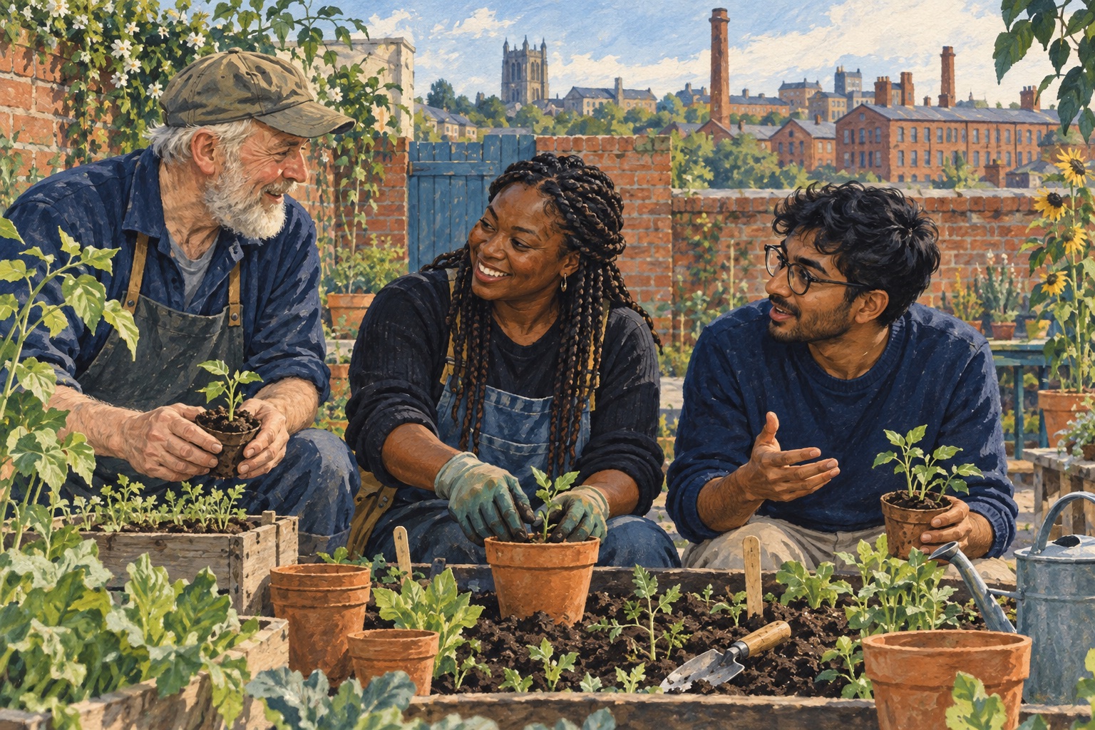 Editorial illustration of adults tending seedlings in a community garden with Preston-inspired brick buildings beyond.