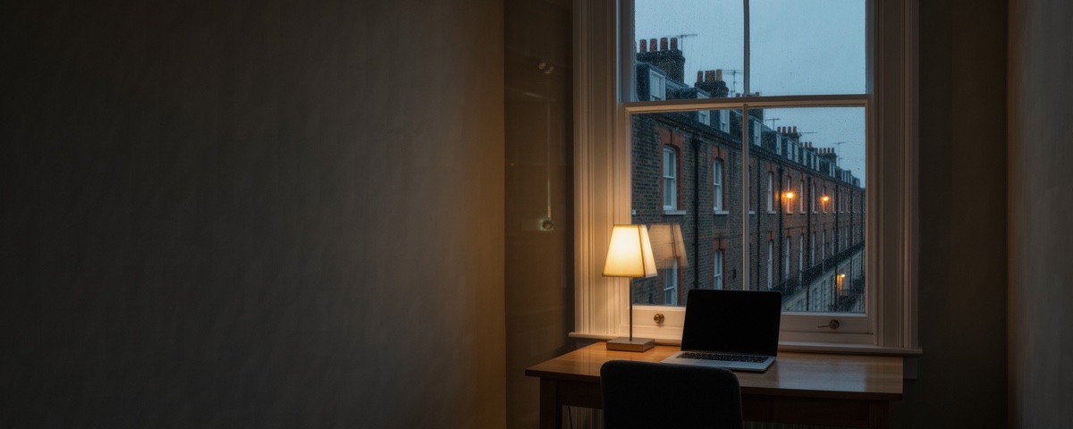 An open laptop and a lit table lamp on a small desk under a sash window in a London flat at dusk, the rest of the room in shadow, a Victorian brick terrace and orange streetlight outside.