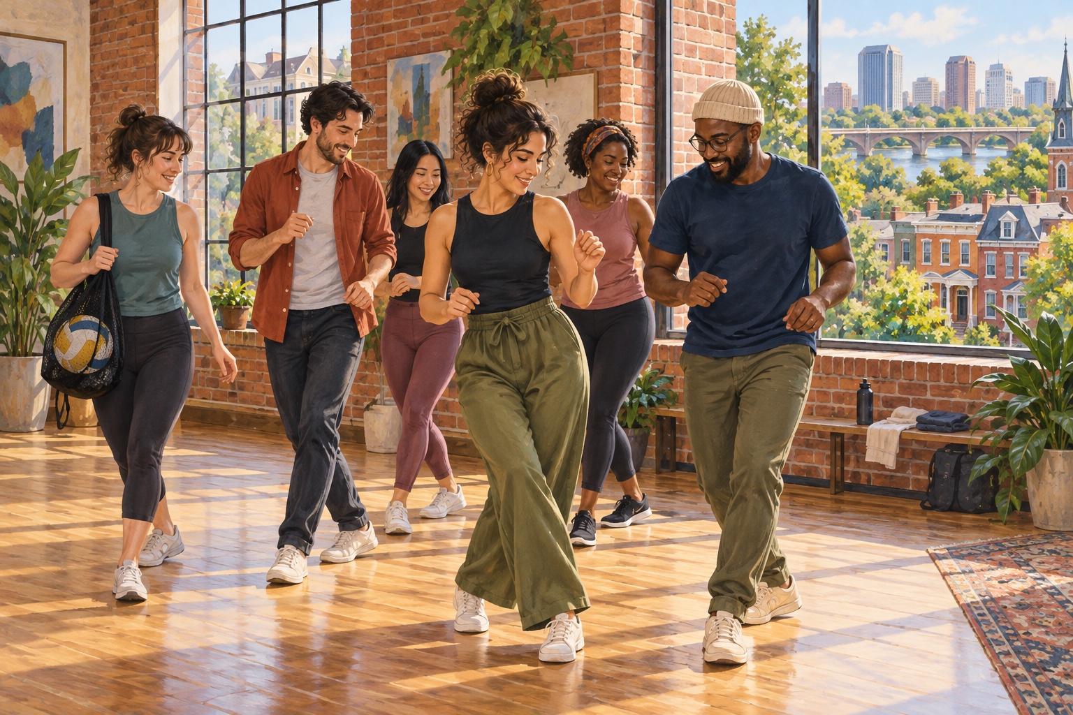 Editorial illustration of adults learning a dance together in a Raleigh-Durham studio.