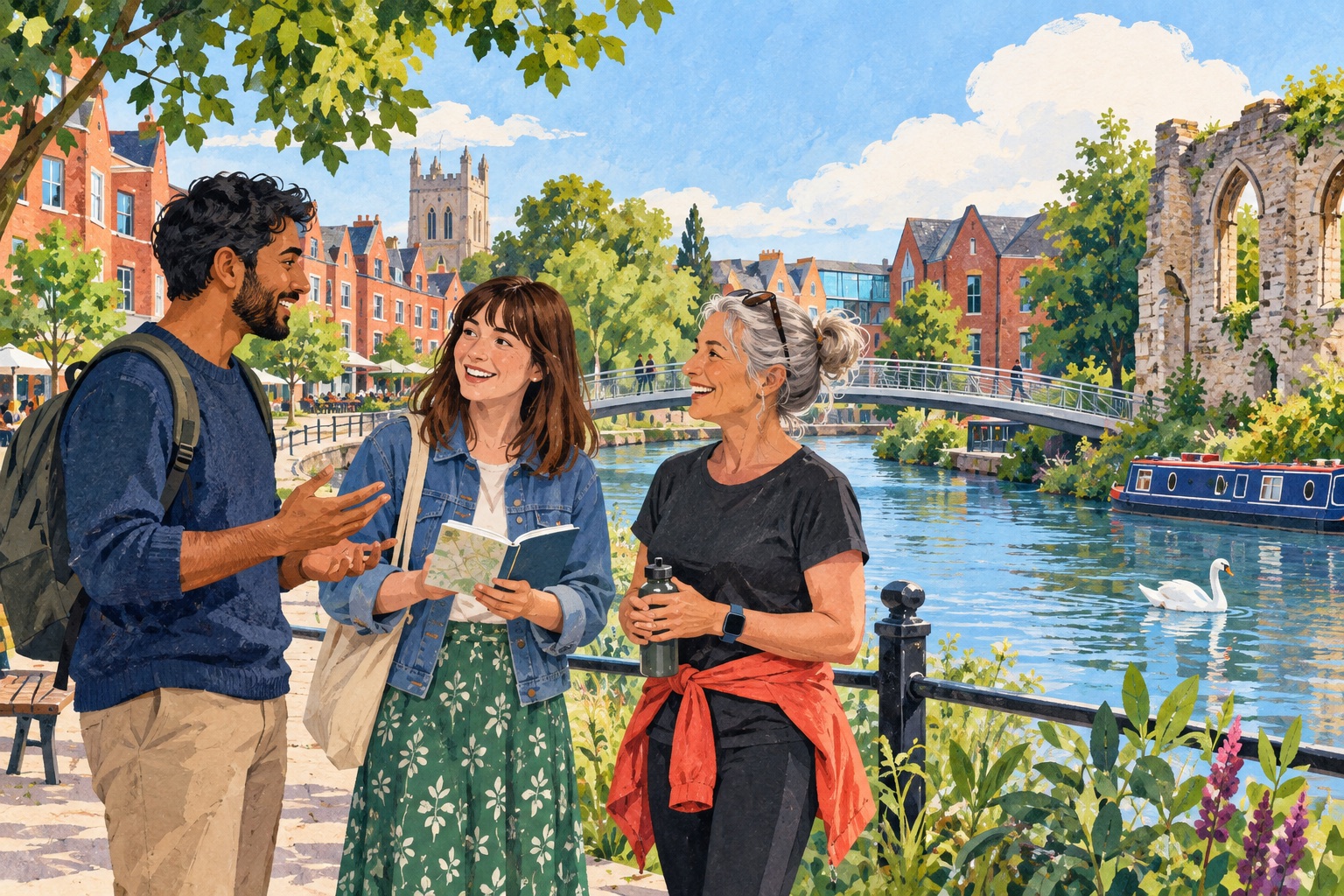 Editorial illustration of adults talking beside a Reading-inspired riverside with brick buildings and a footbridge.