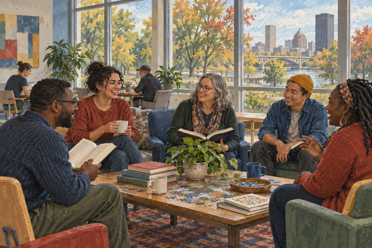 Editorial illustration of adults sharing a reading and conversation session in a Rochester recreation center.