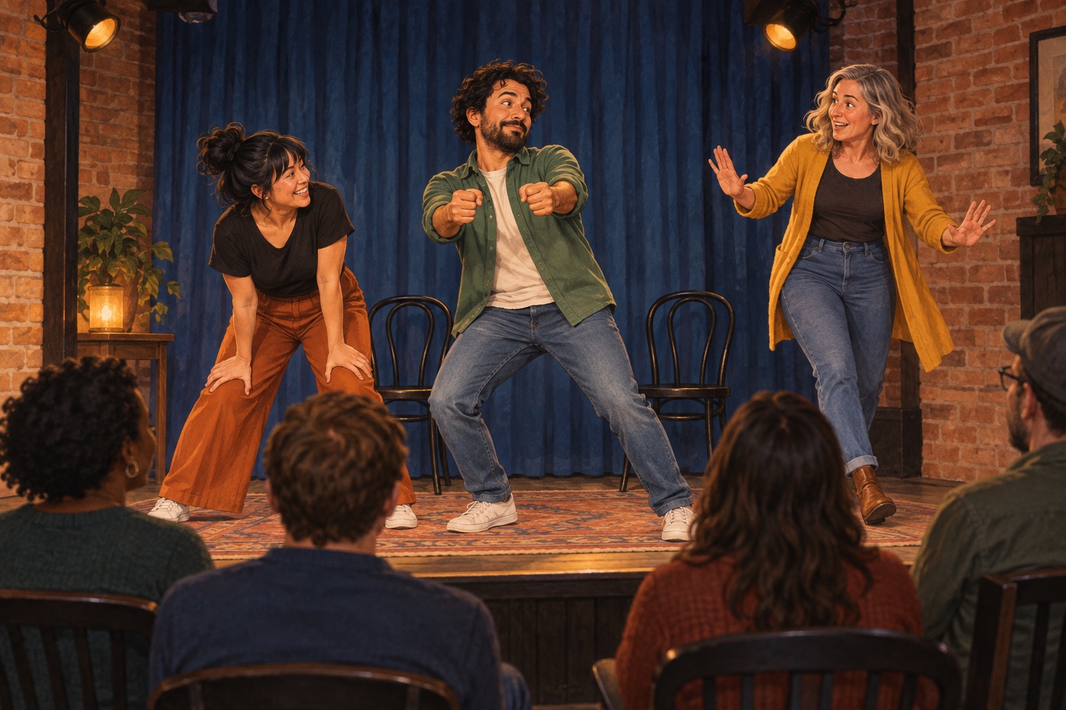 Editorial illustration of fictional adults taking part in a friendly Sacramento-inspired improv scene.