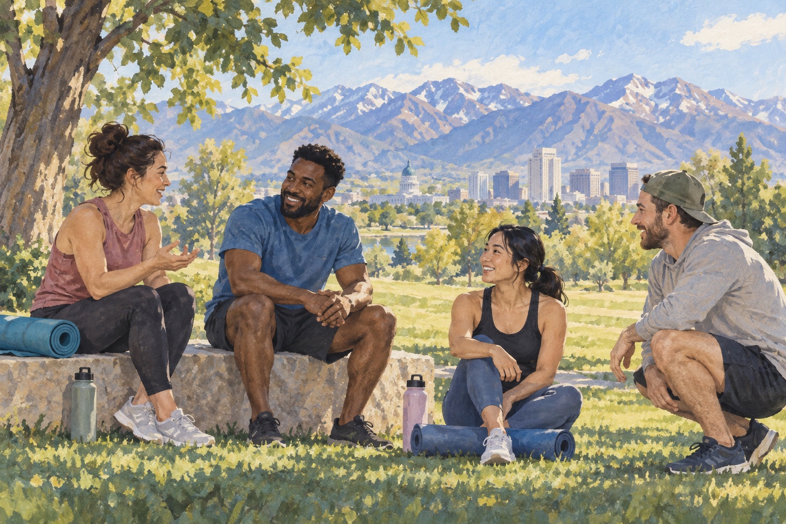 Editorial illustration of adults chatting beside exercise mats in a Salt Lake City-inspired park.