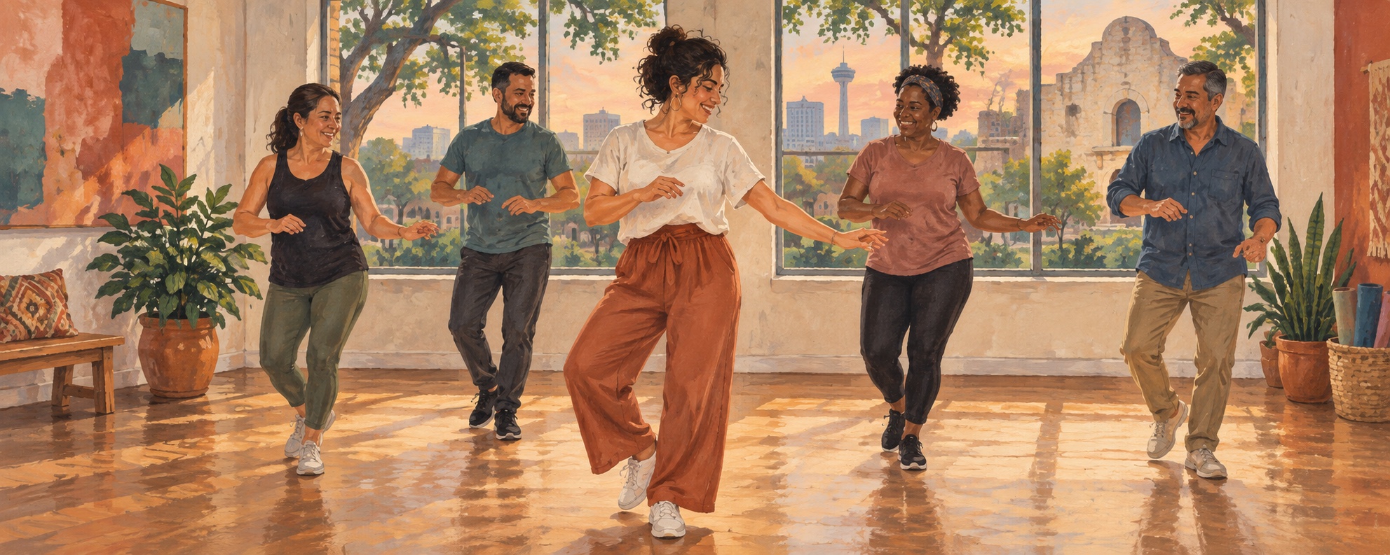 Editorial illustration of adults learning a dance together in a bright San Antonio community room.